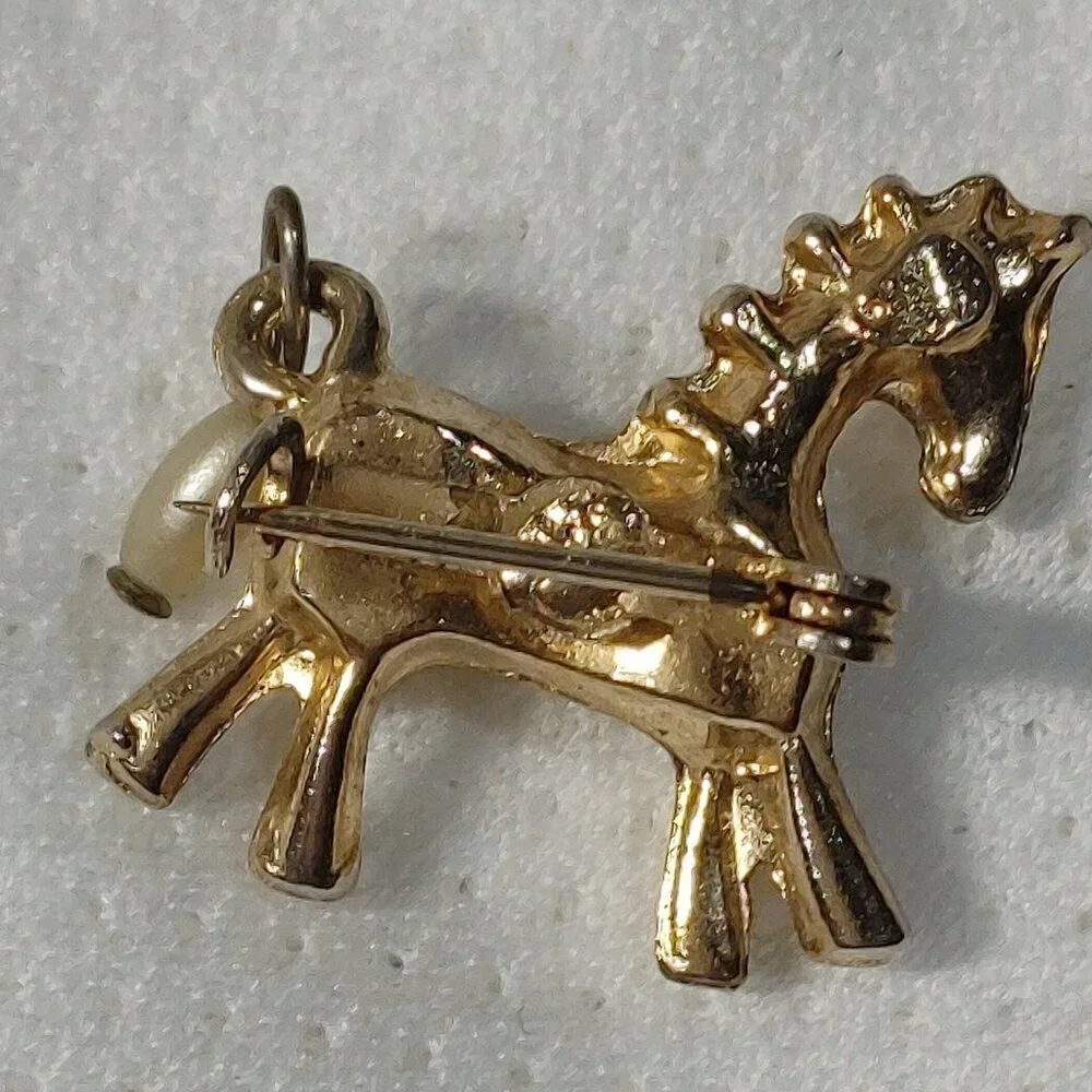 Vintage Gold Tone Horse Brooch Faux Pearl Pin